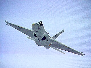 F-18 en vuelo lento con flaps abajo.